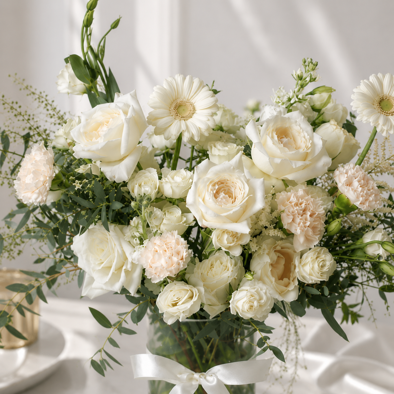 Thoughtful 25 White Assorted Flowers in Glass Vase