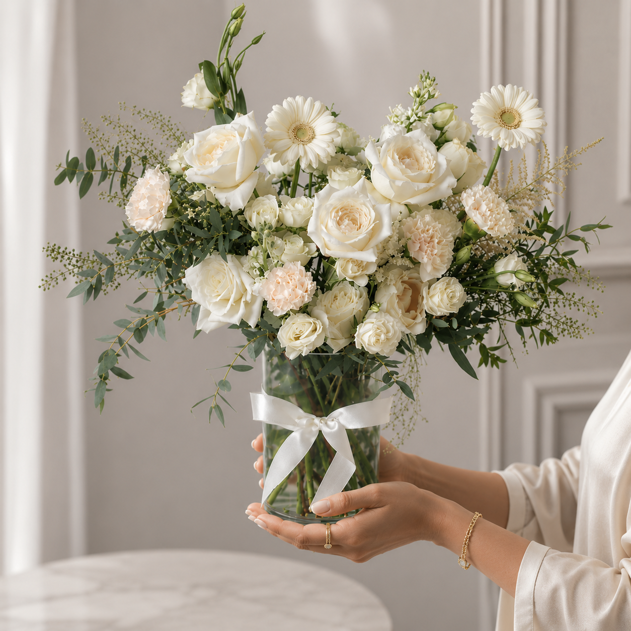 Thoughtful 25 White Assorted Flowers in Glass Vase