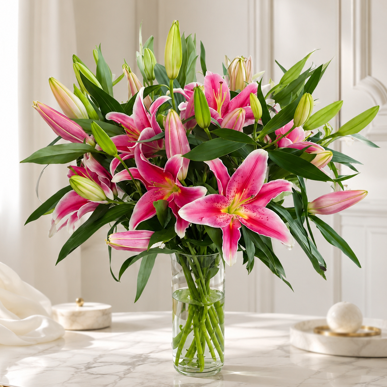 Elegant 8-Stem Oriental Lily Bouquet in Glass Vase