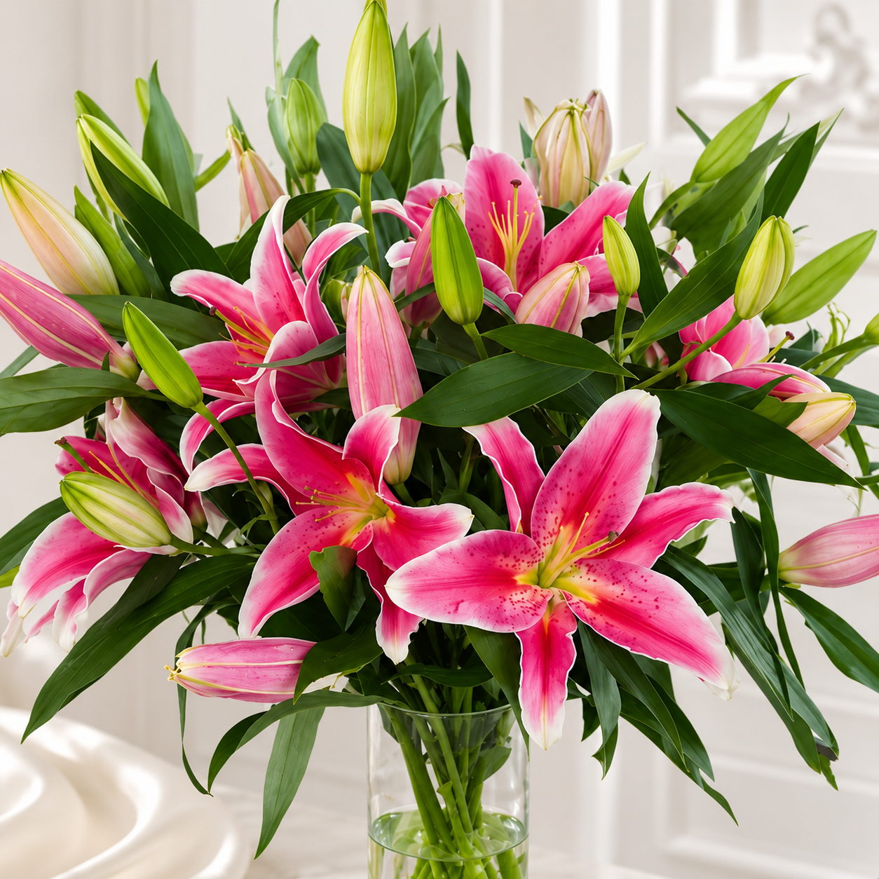 Elegant 8-Stem Oriental Lily Bouquet in Glass Vase