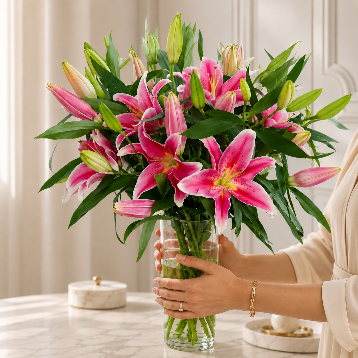 Elegant 8-Stem Oriental Lily Bouquet in Glass Vase