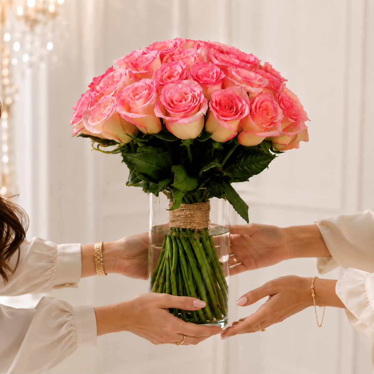 Aqua Pink Roses in a vase bouquet