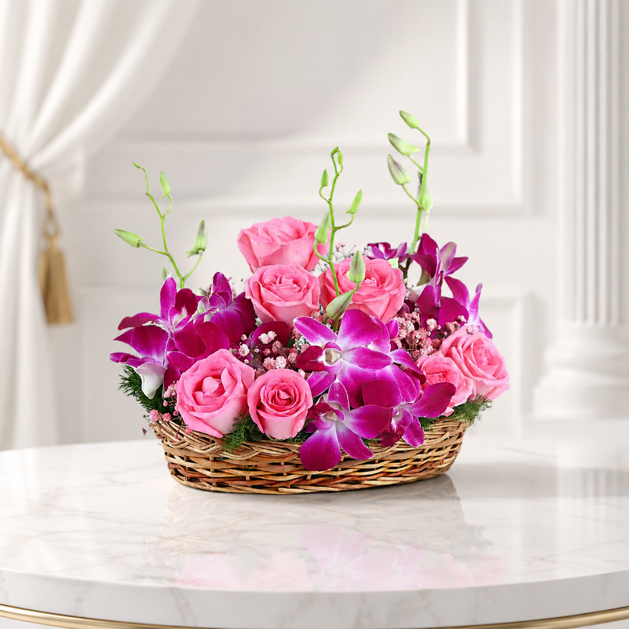 Elegant Pink Rose and Orchid Basket