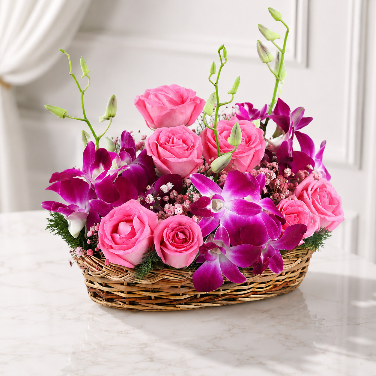 Elegant Pink Rose and Orchid Basket