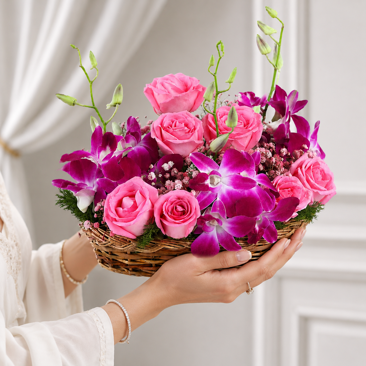 Elegant Pink Rose and Orchid Basket