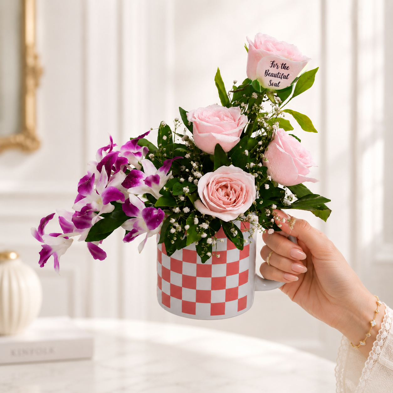 Enchanted Rose and Orchid Mug Arrangement