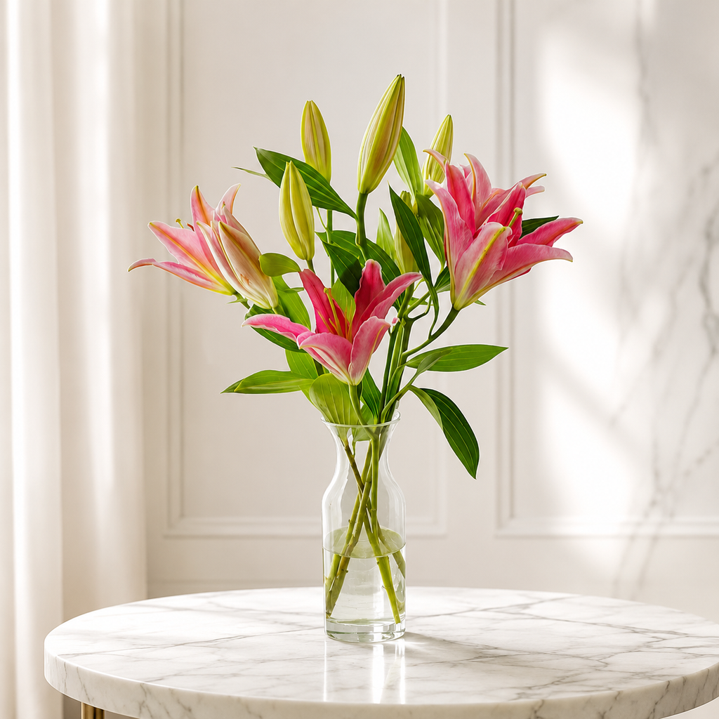 Fresh Pink Lilies Bouquet – 5 Stems in Glass Vase