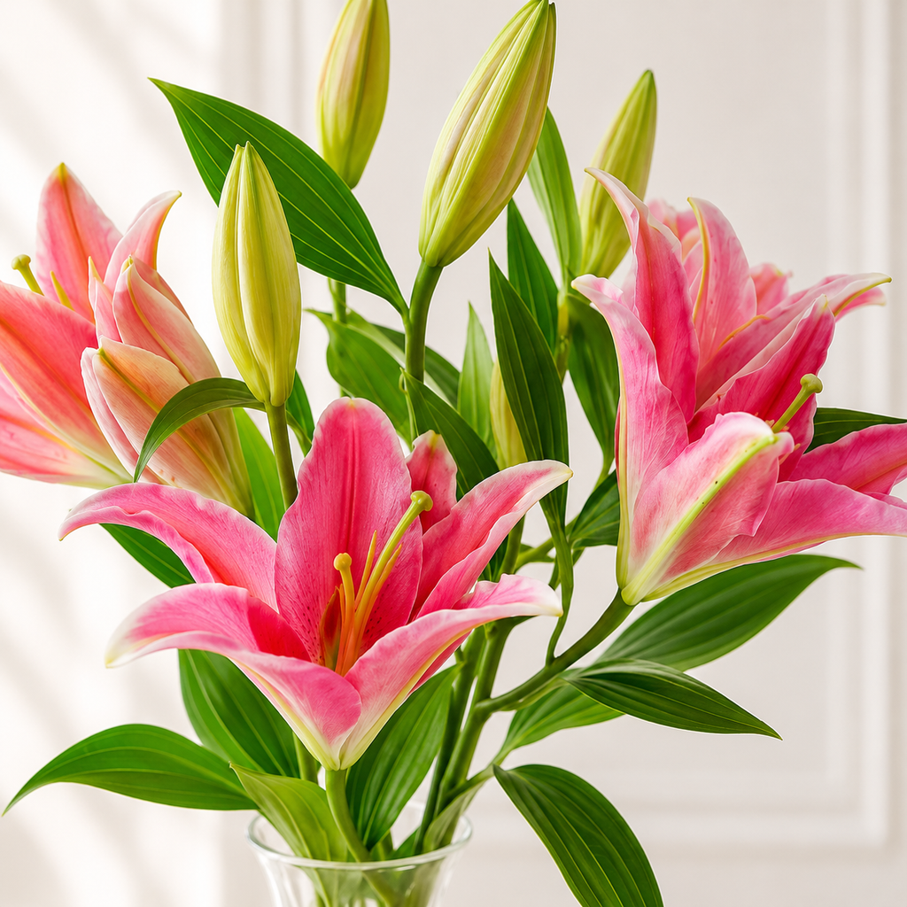 Fresh Pink Lilies Bouquet – 5 Stems in Glass Vase