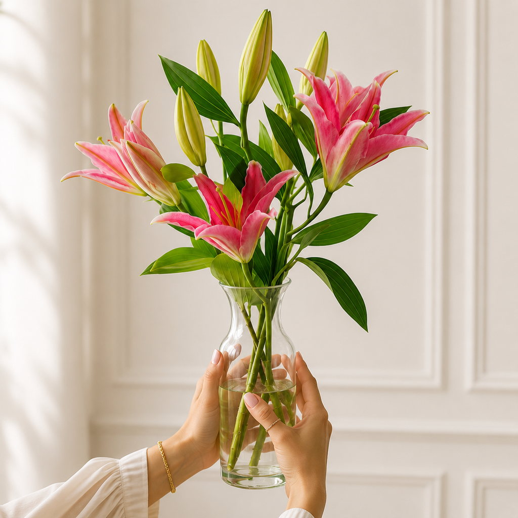 Fresh Pink Lilies Bouquet – 5 Stems in Glass Vase