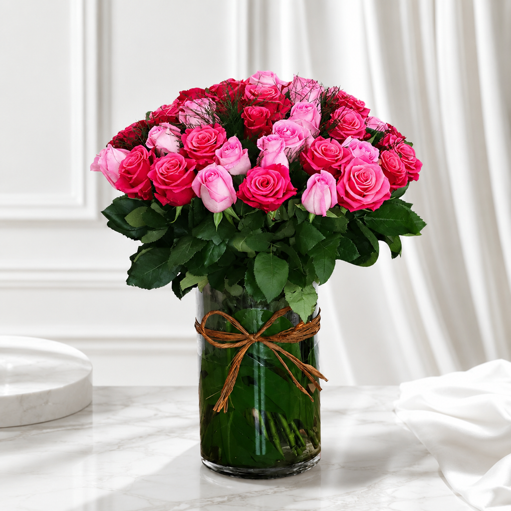 Hot pink Rose Bouquet in Glass Vase – 40 Roses