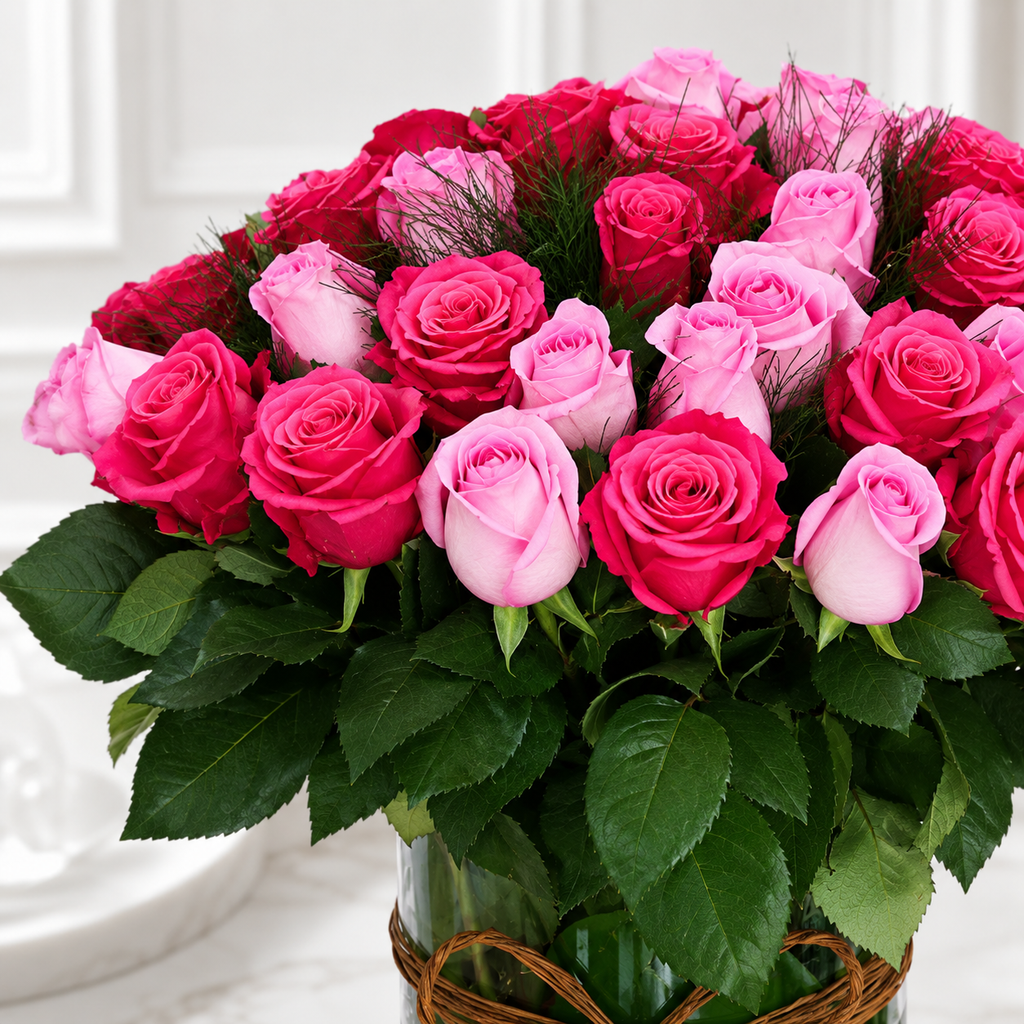 Hot pink Rose Bouquet in Glass Vase – 40 Roses