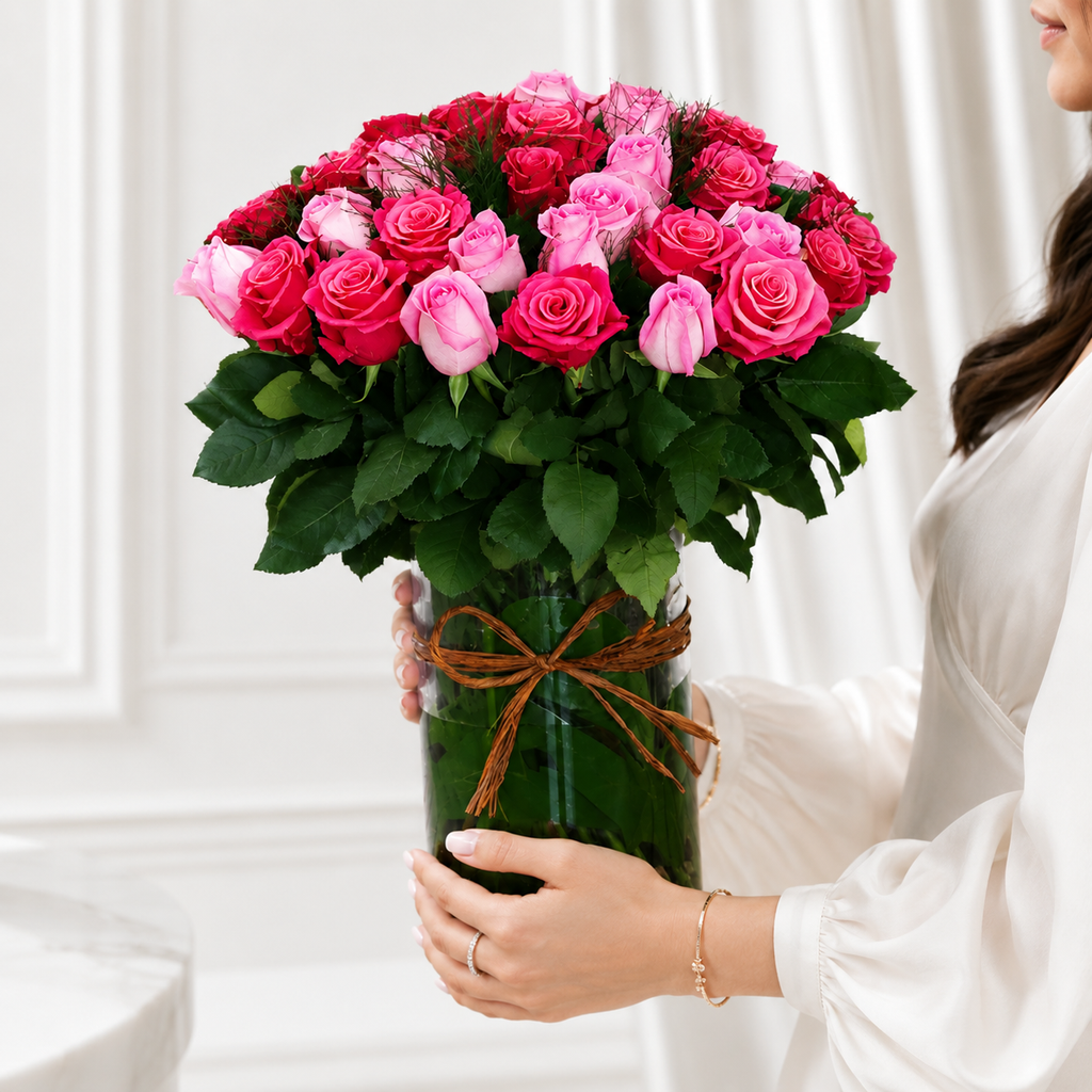 Hot pink Rose Bouquet in Glass Vase – 40 Roses