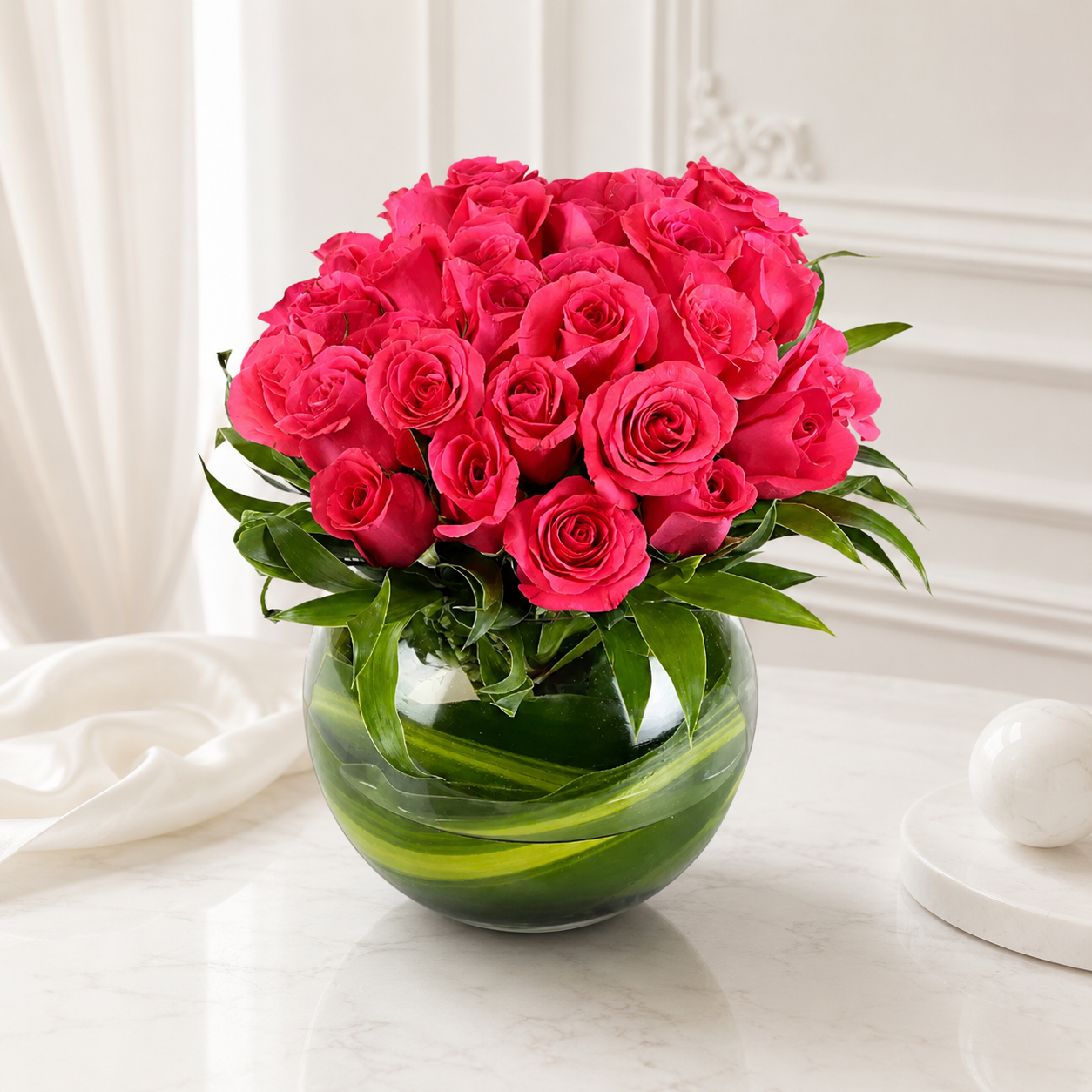 Luxurious Dark Pink Roses in Glass Vase