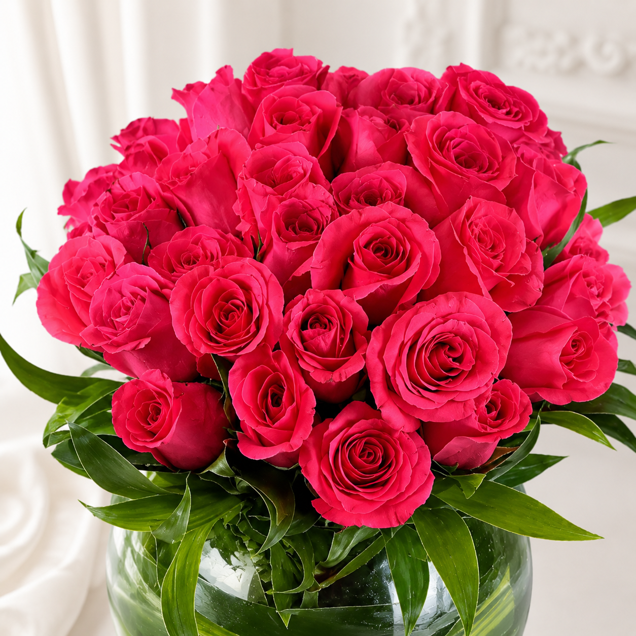 Luxurious Dark Pink Roses in Glass Vase