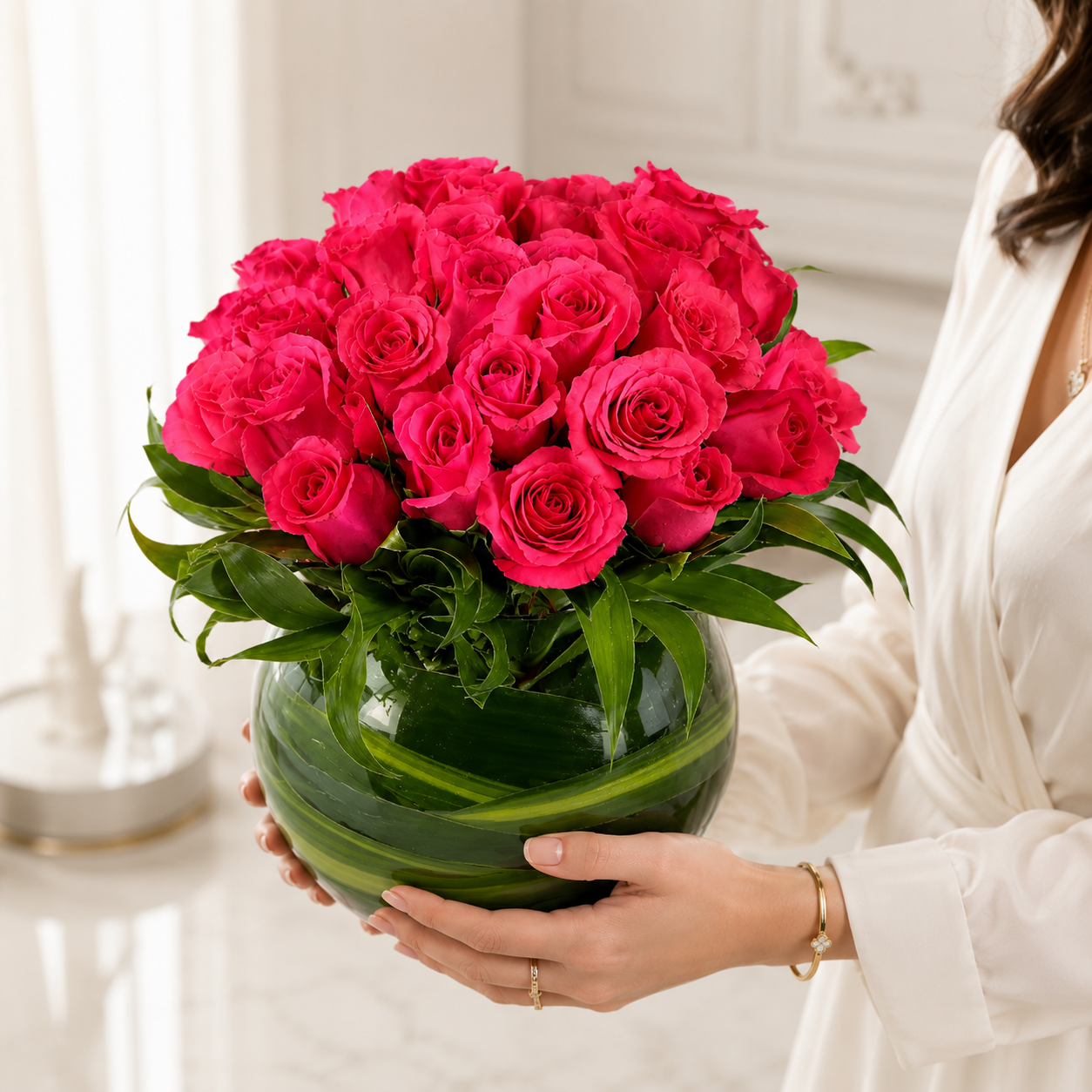 Luxurious Dark Pink Roses in Glass Vase