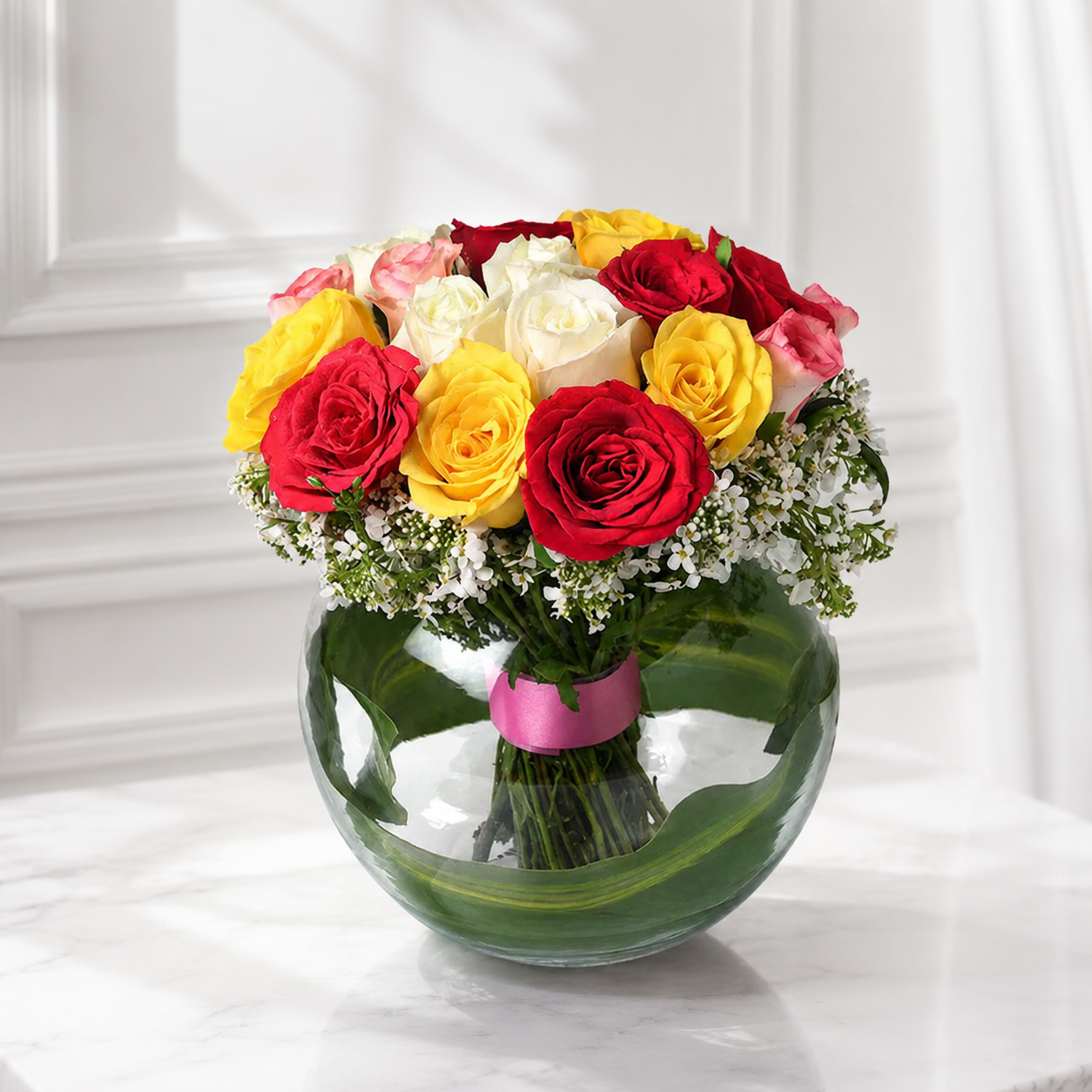 Mixed Rose Bouquet – 20 Premium Roses in Glass Vase