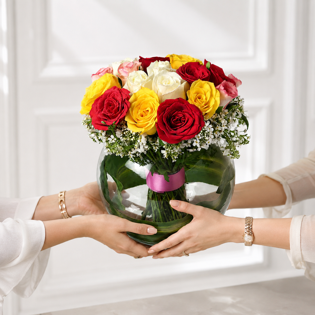 Mixed Rose Bouquet – 20 Premium Roses in Glass Vase