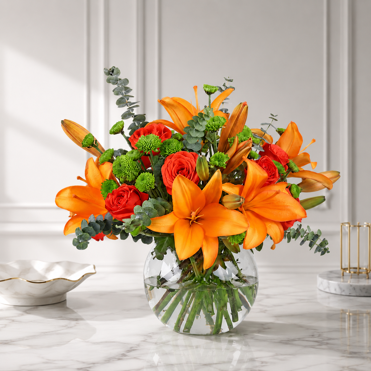 Orange Lilies and Roses Bouquet in Glass Vase
