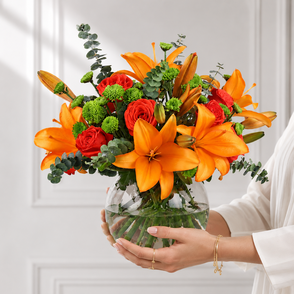 Orange Lilies and Roses Bouquet in Glass Vase