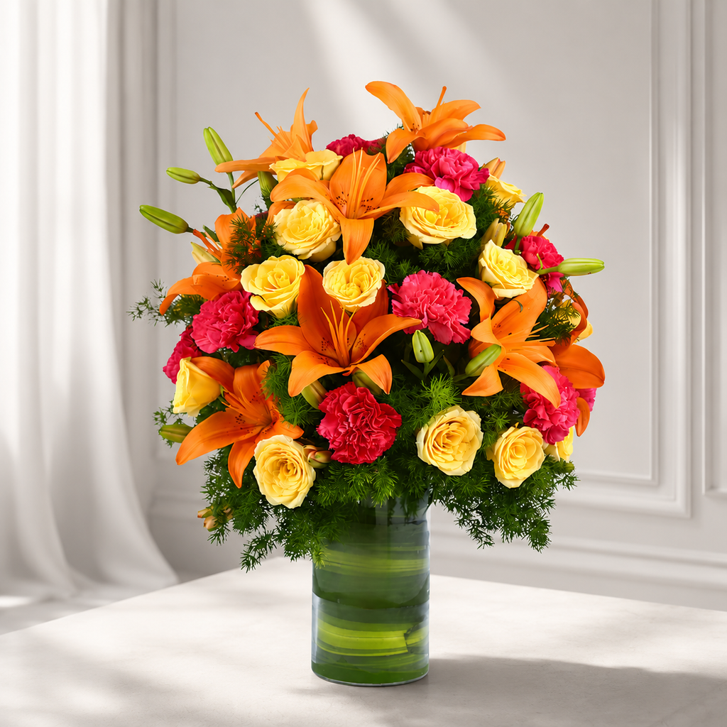 Orange Lilies, Yellow Roses & Pink Carnations Bouquet