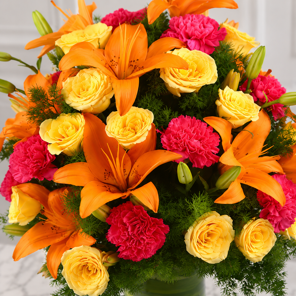 Orange Lilies, Yellow Roses & Pink Carnations Bouquet