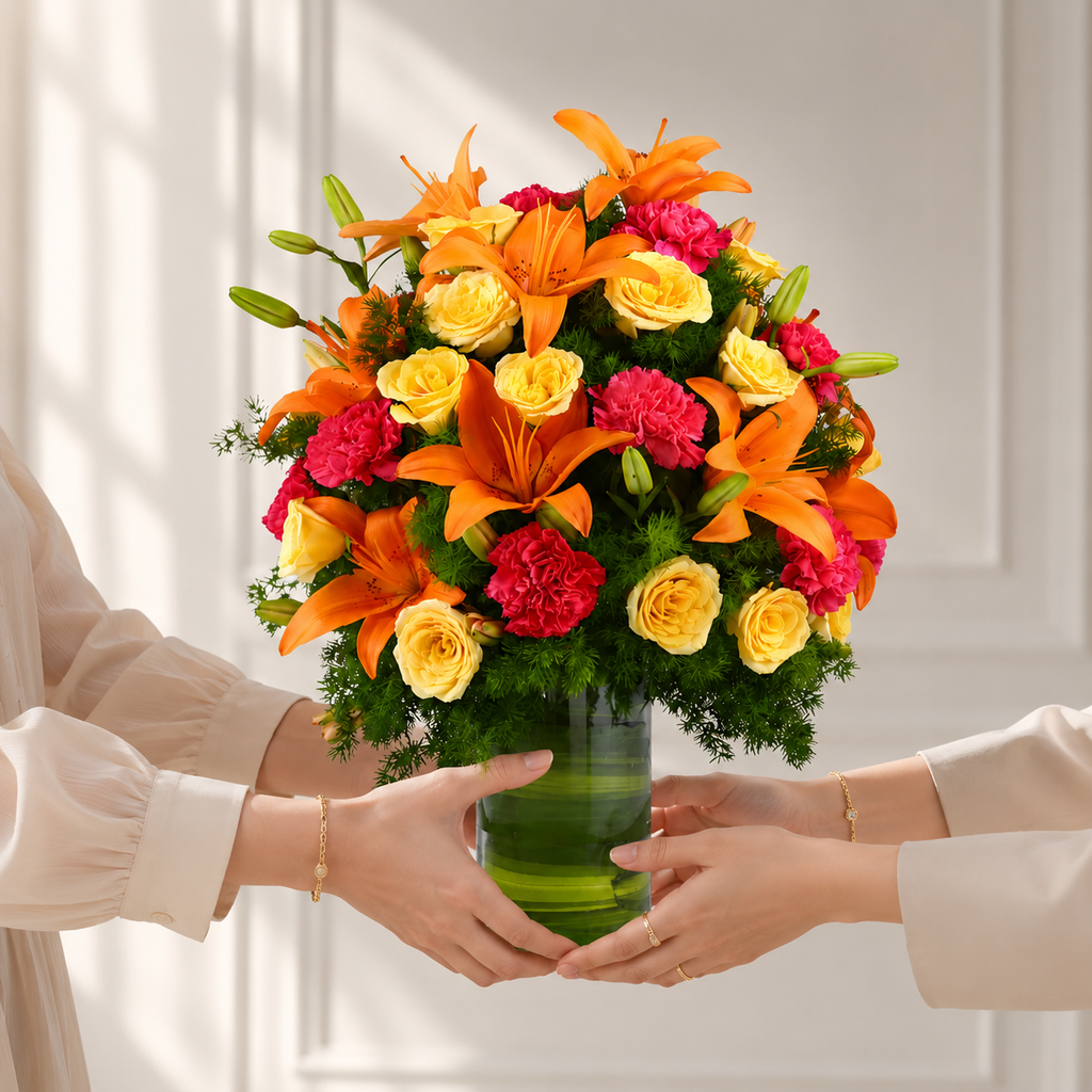 Orange Lilies, Yellow Roses & Pink Carnations Bouquet
