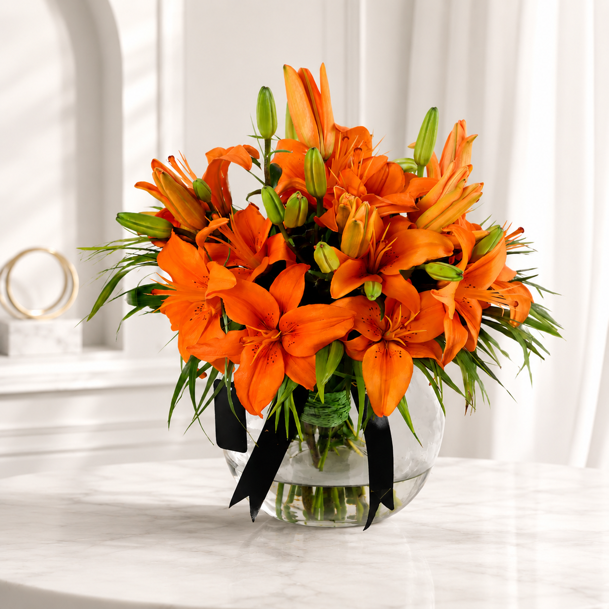 Orange Lily Bouquet in Glass Vase – 10 Stems