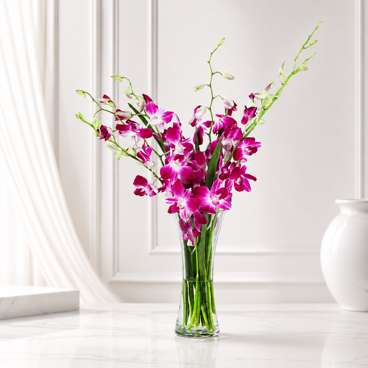 Elegant Purple Orchid Glass Vase Arrangement