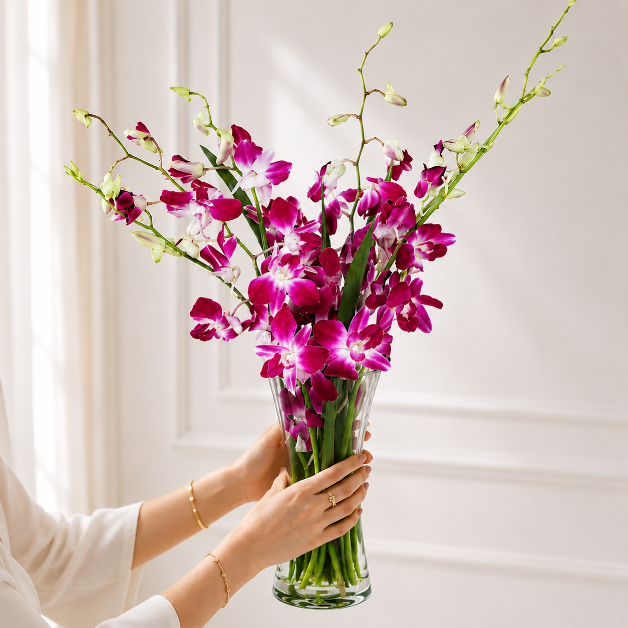 Elegant Purple Orchid Glass Vase Arrangement