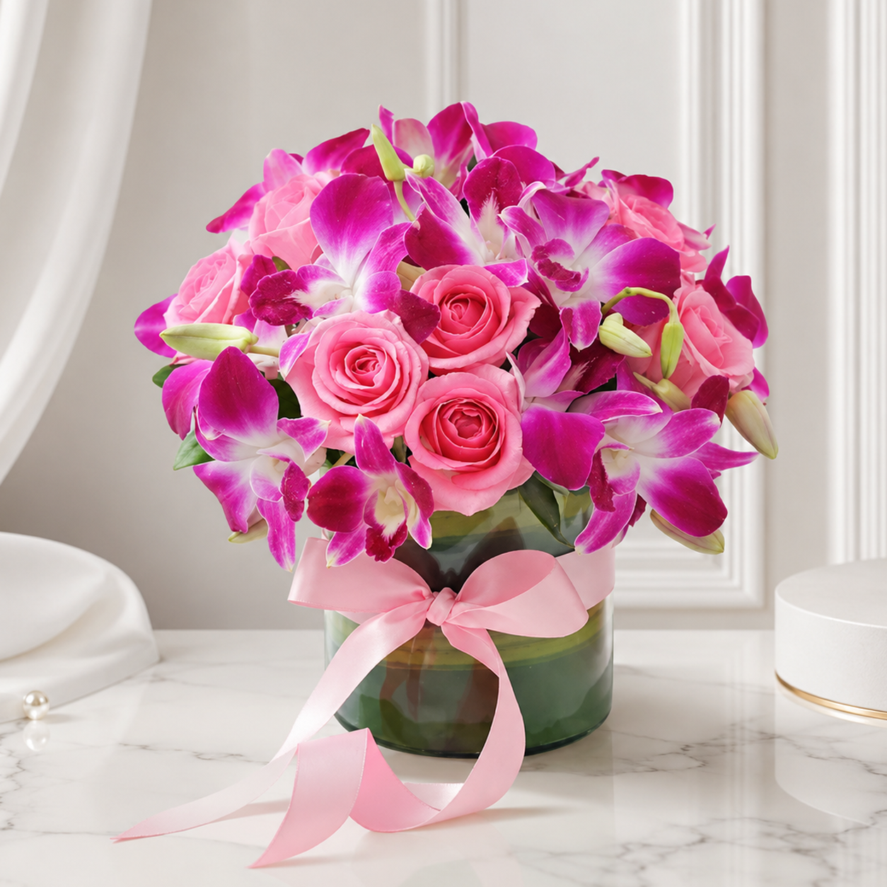 Pink Rose and Orchid Arrangement in Glass Vase