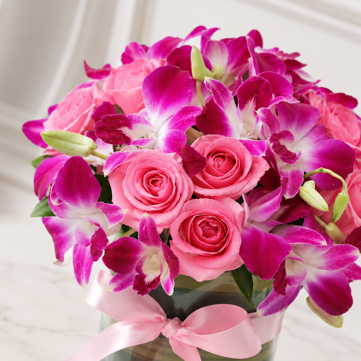 Pink Rose and Orchid Arrangement in Glass Vase