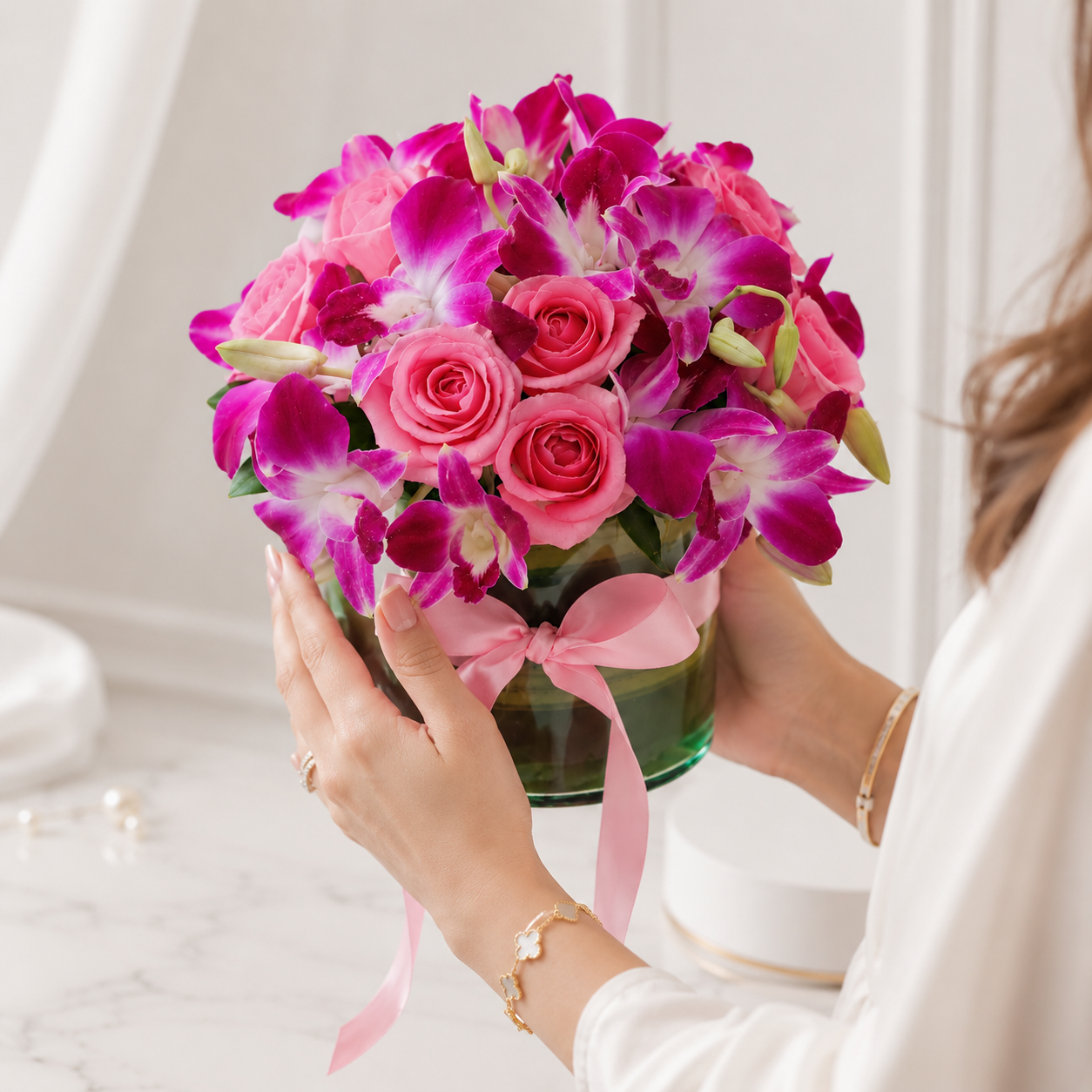 Pink Rose and Orchid Arrangement in Glass Vase