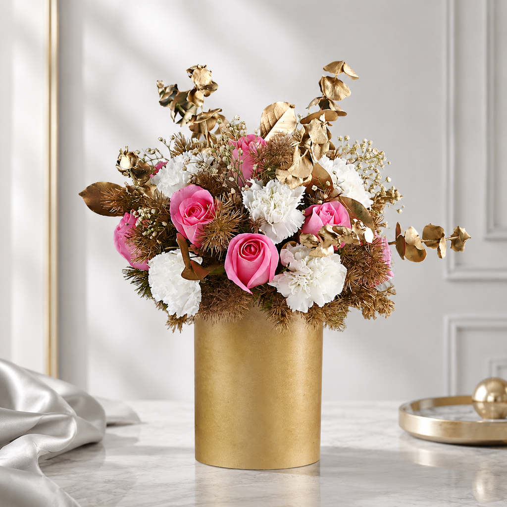 Pink Roses and White Carnations in Gold Vase