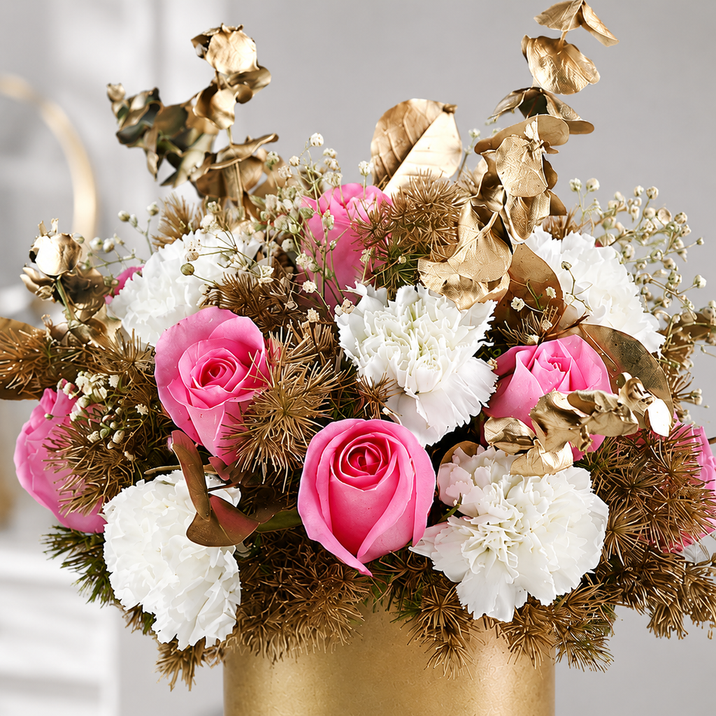 Pink Roses and White Carnations in Gold Vase
