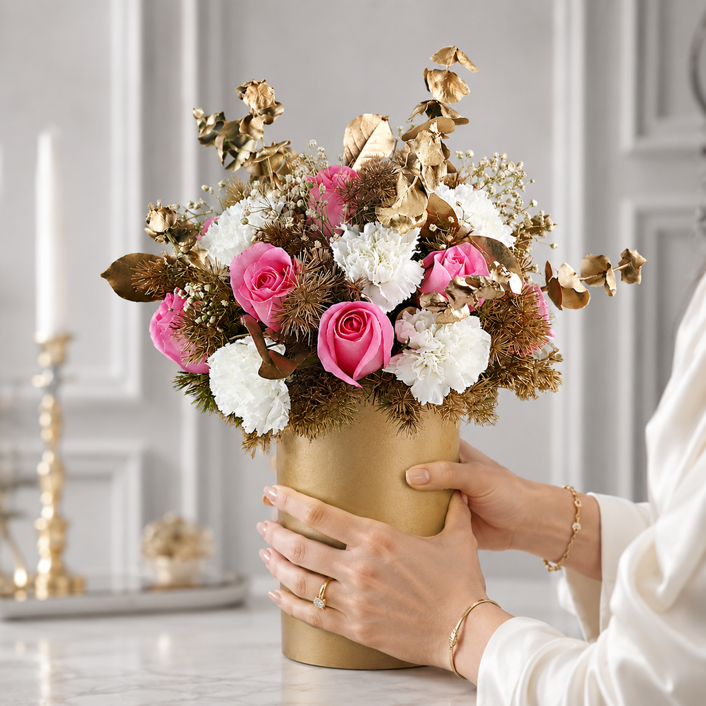 Pink Roses and White Carnations in Gold Vase