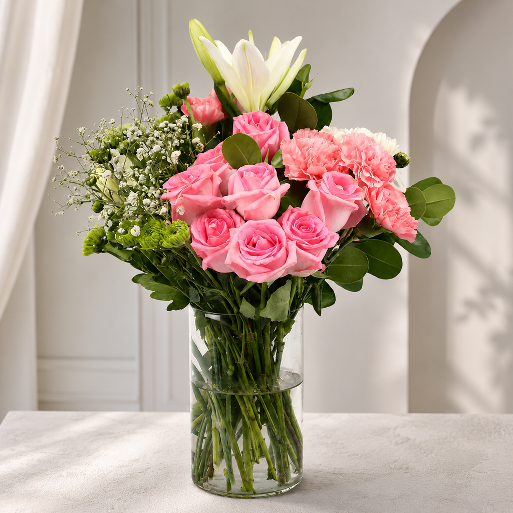 Elegant Pink Roses & White Lily Bouquet