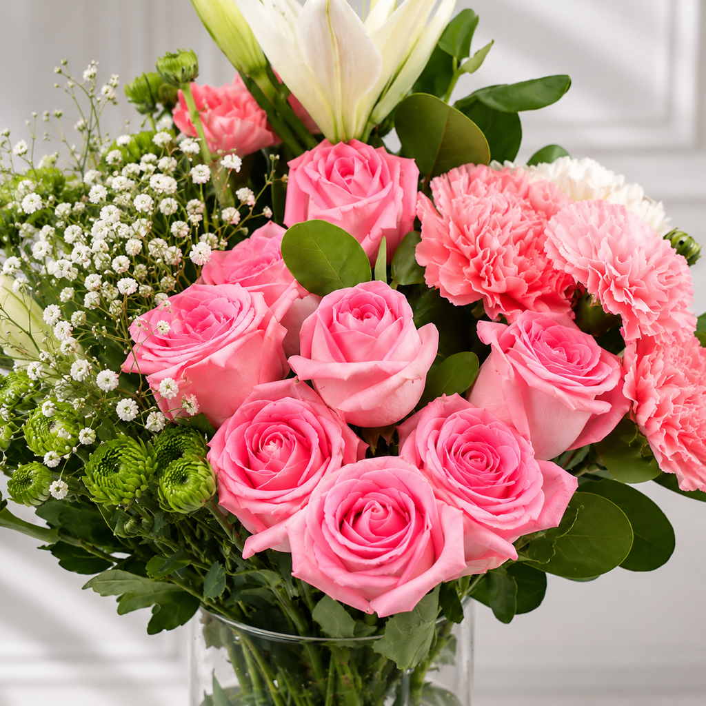 Elegant Pink Roses & White Lily Bouquet