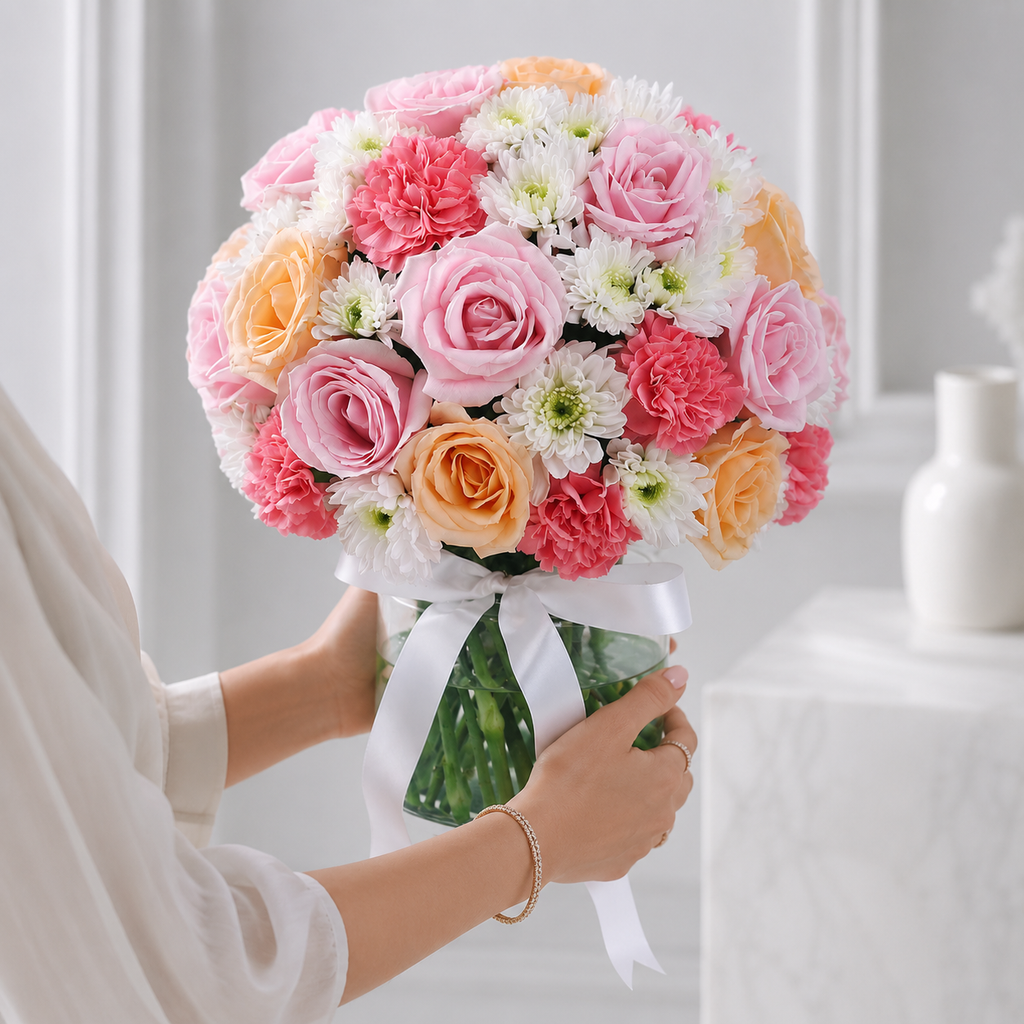 Pastel Rose & Carnation Flower Vase - 35 to 40 Blooms