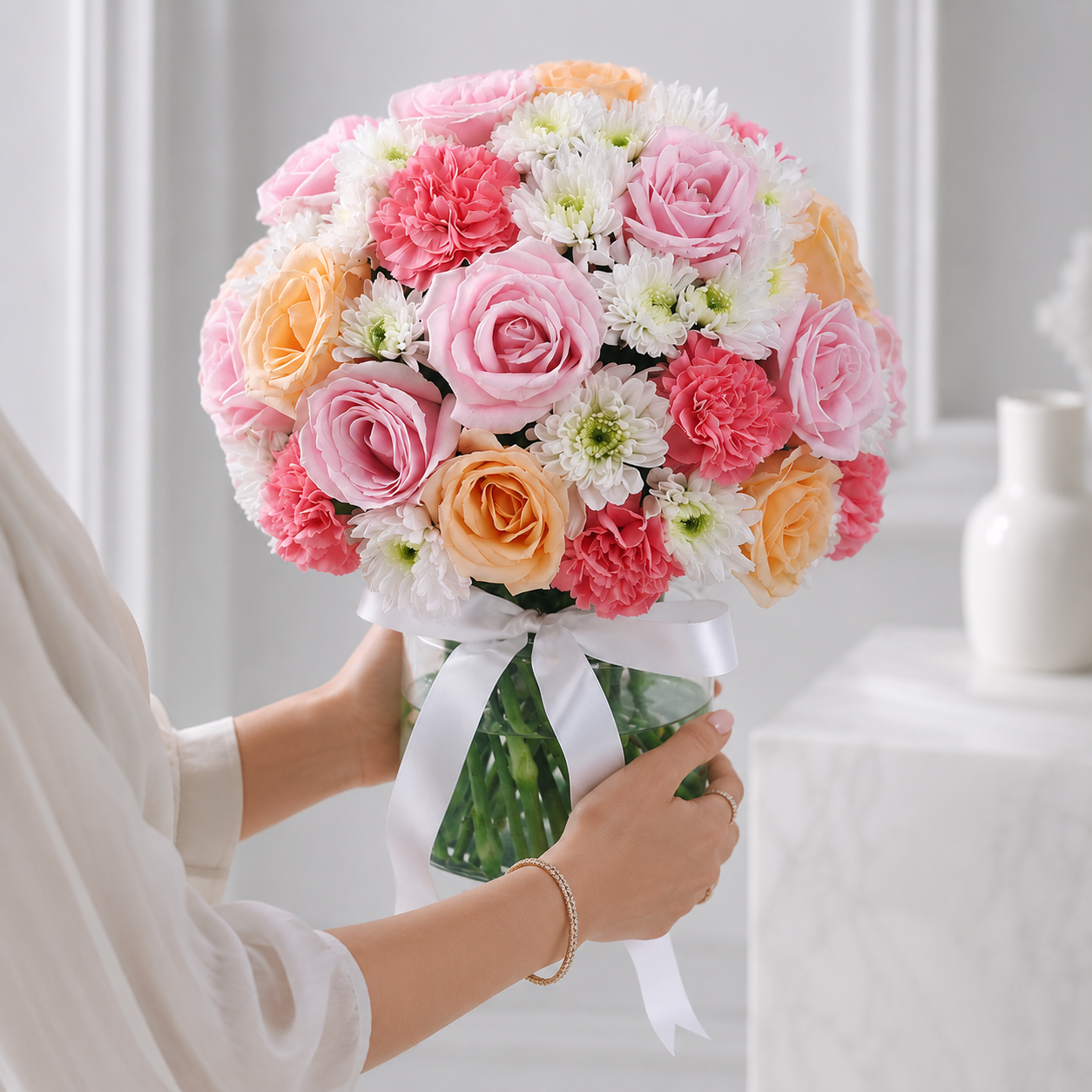 Pastel Rose & Carnation Flower Vase - 35 to 40 Blooms