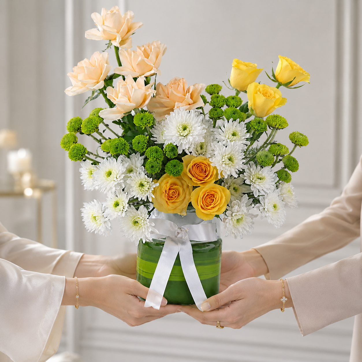 Radiant Joy Peach & Yellow Roses
