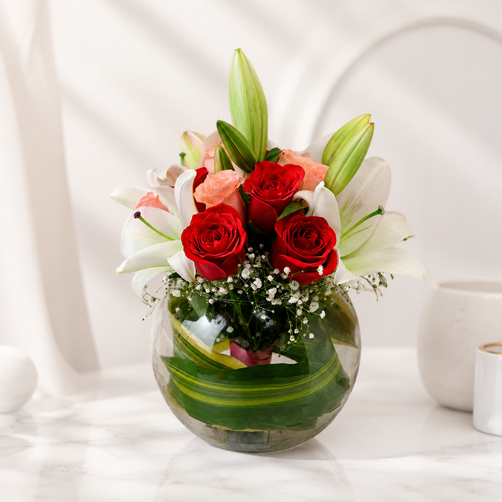 Red Roses & White Lilies Bouquet in Glass Vase