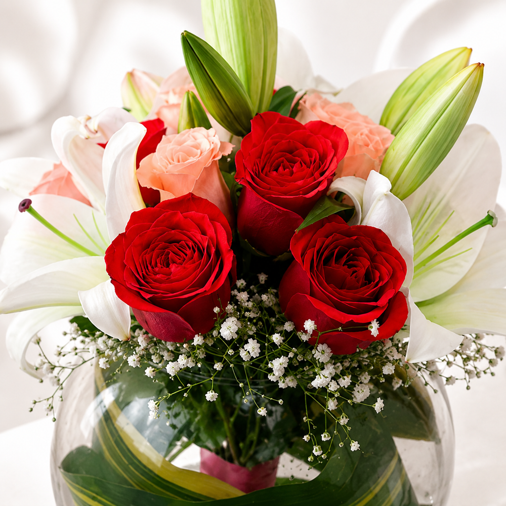 Red Roses & White Lilies Bouquet in Glass Vase