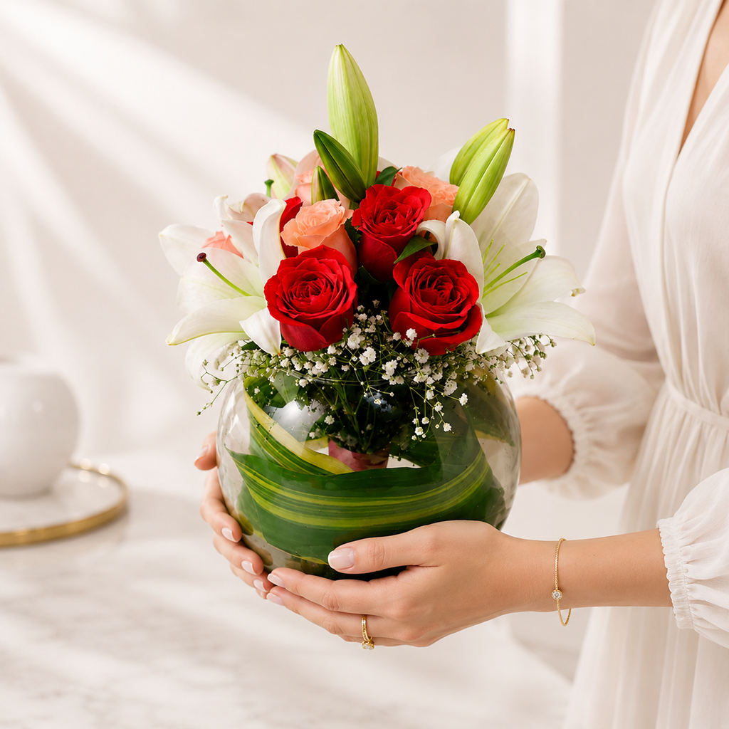 Red Roses & White Lilies Bouquet in Glass Vase