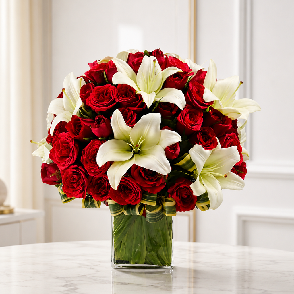Red Roses & White Lilies Vase