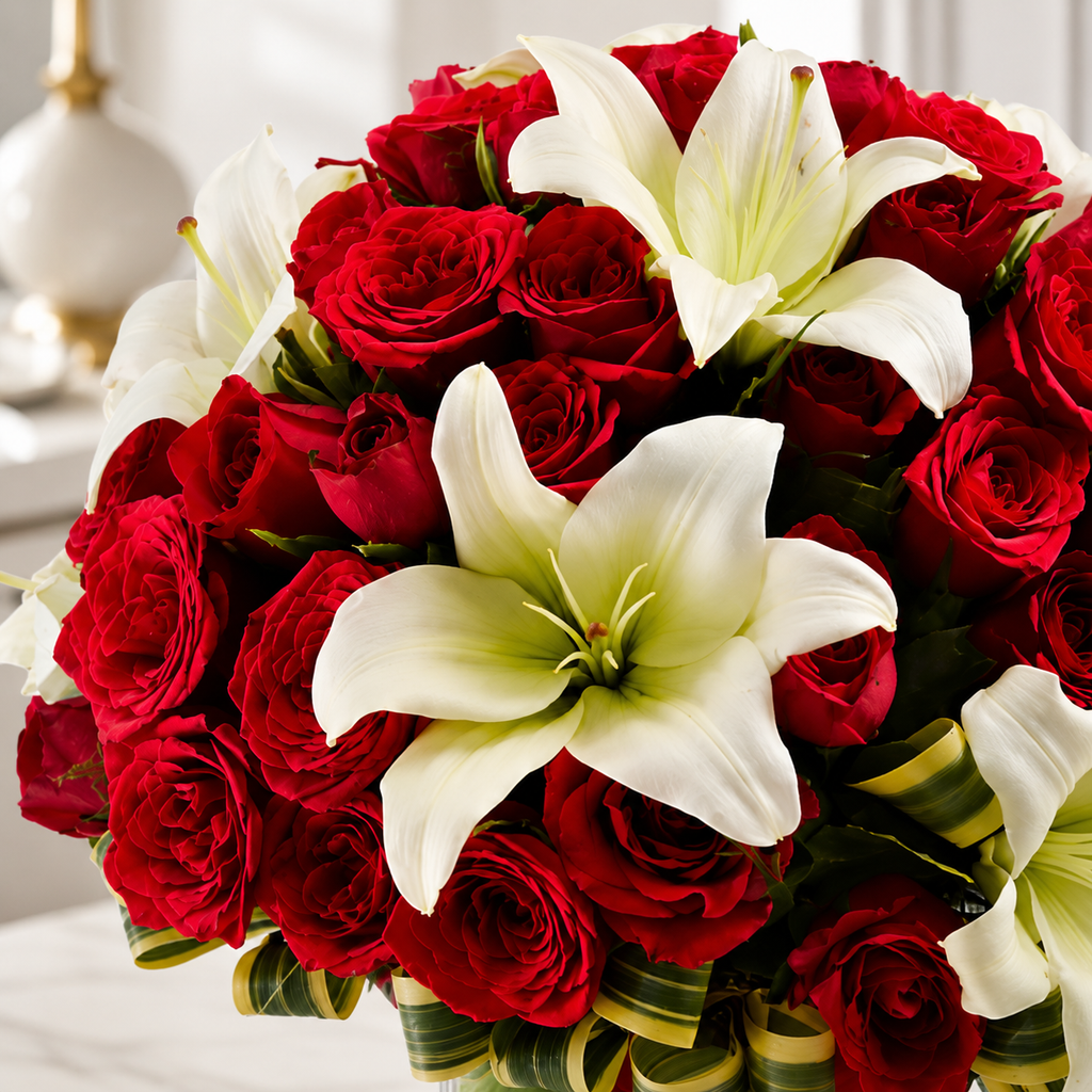 Red Roses & White Lilies Vase