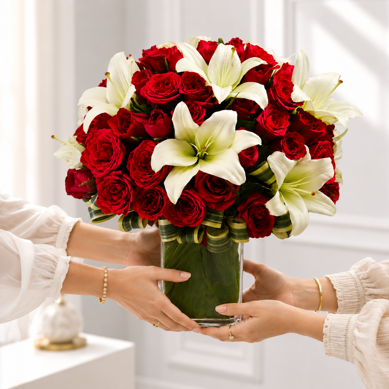 Red Roses & White Lilies Vase
