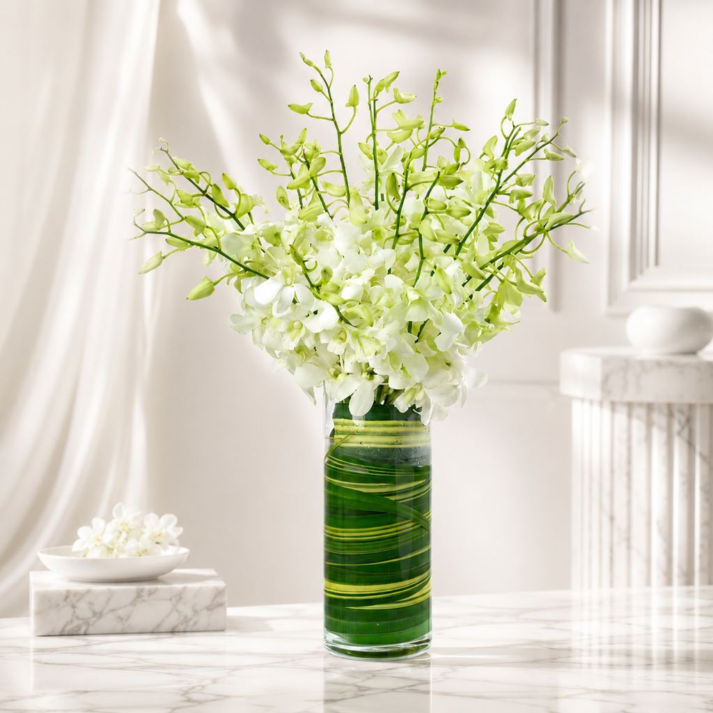 White Dendrobium Orchid Bouquet in Glass Vase - 10 Stems