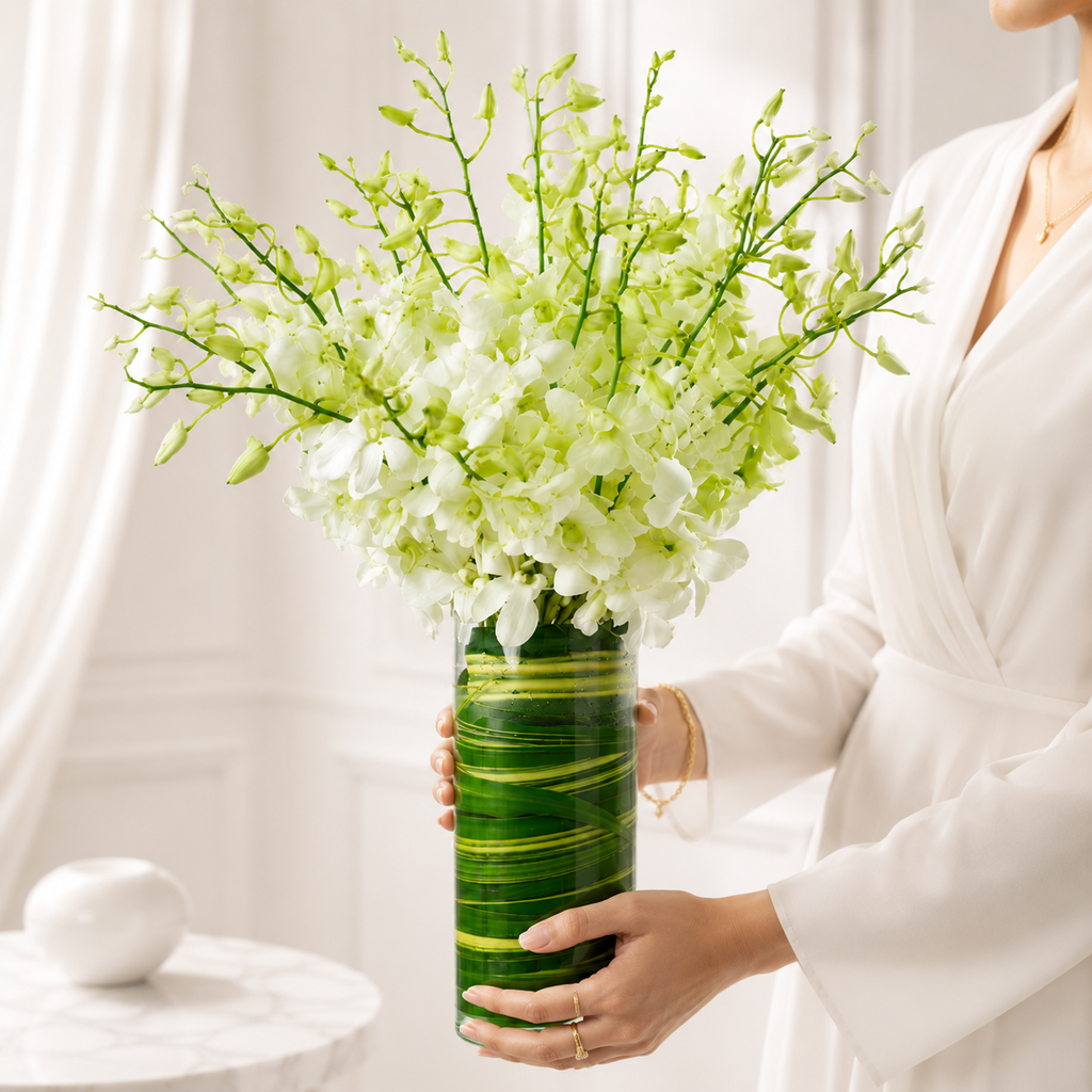 White Dendrobium Orchid Bouquet in Glass Vase - 10 Stems