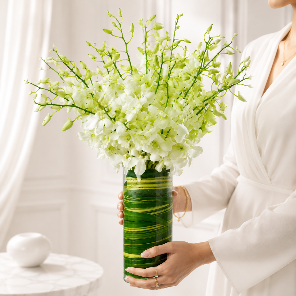 White Dendrobium Orchid Bouquet in Glass Vase - 10 Stems