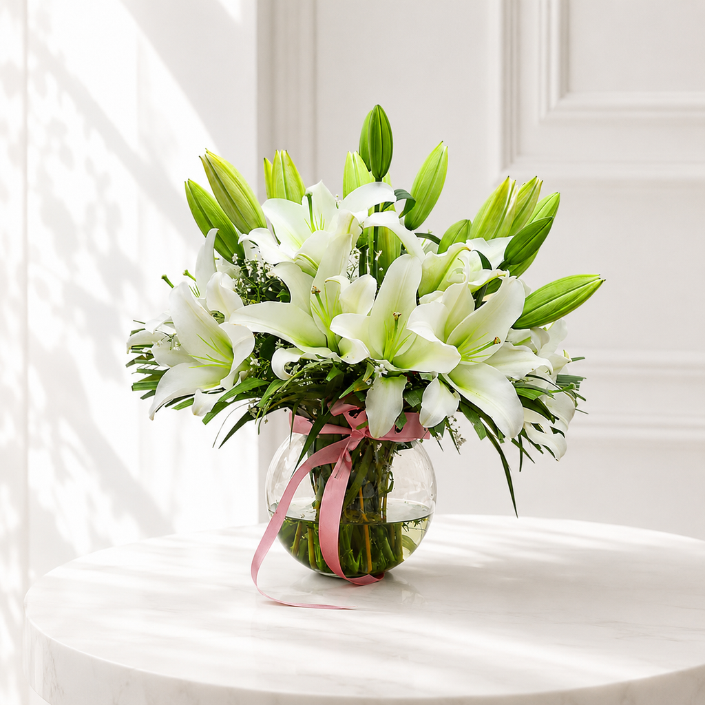 Elegant White Lily Bouquet  in Glass Vase